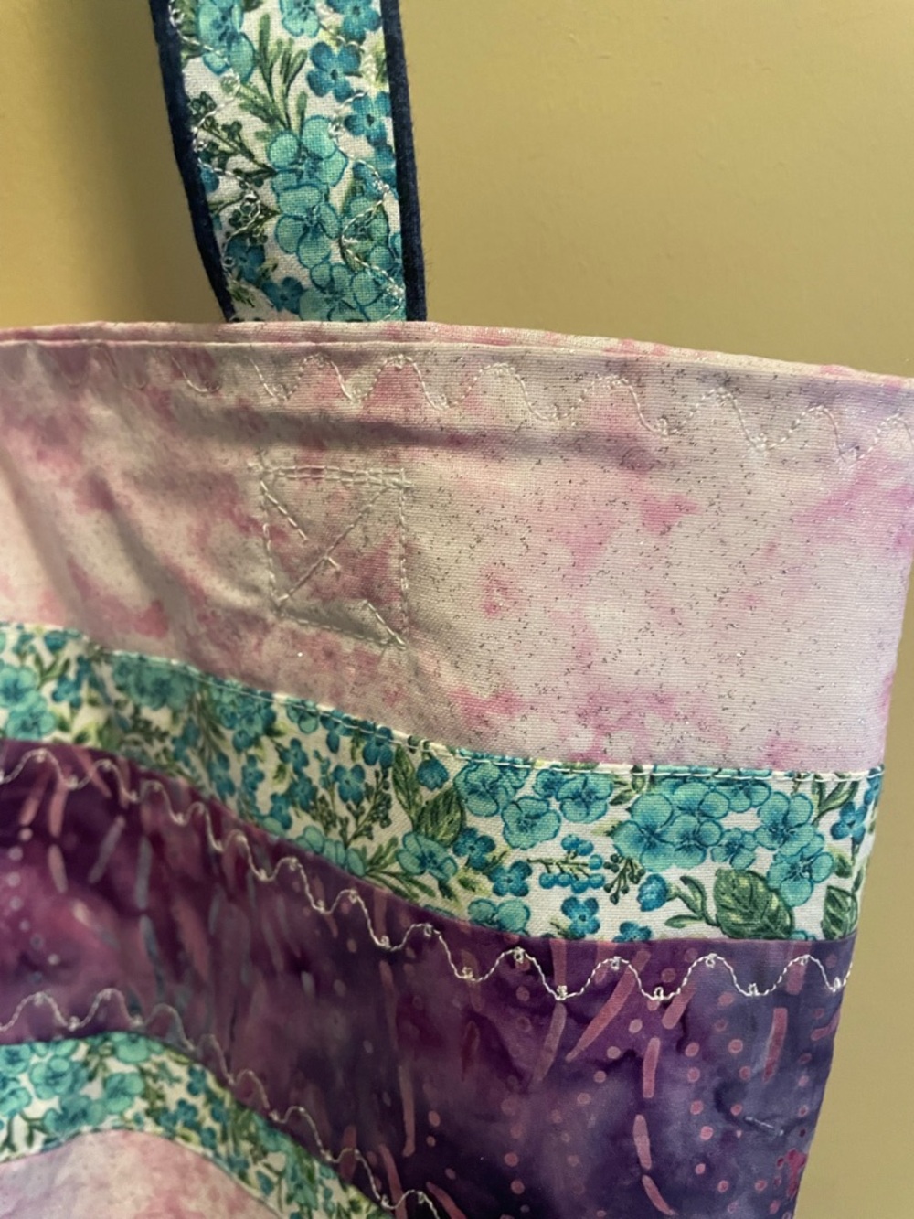 Handmade Patchwork Tote Bag in Navy, Purple, Pink - Picture 3 of 7